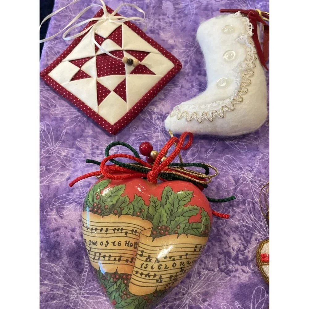 Vintage Victorian Style Lot Of 7 Christmas Holiday Ornaments Bell Stocking Heart